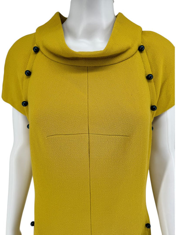 Pamella Roland Mustard Textured Crepe Mini Dress with Pearl Detail