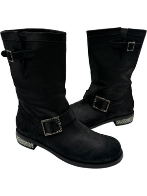 Jimmy Choo Black Suede Buckle Boots with Crystal Heels – Size 39.5