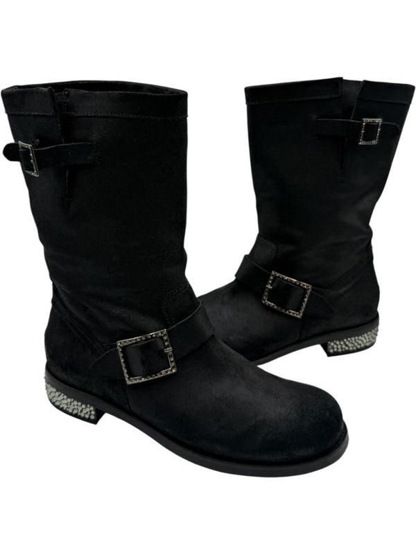Jimmy Choo Black Suede Buckle Boots with Crystal Heels – Size 39.5
