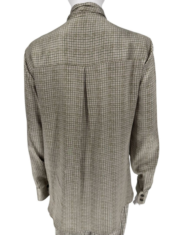 Kiton Olive & Taupe Silk Houndstooth Blouse and Pant Set – Size 46 (Fits M/L)
