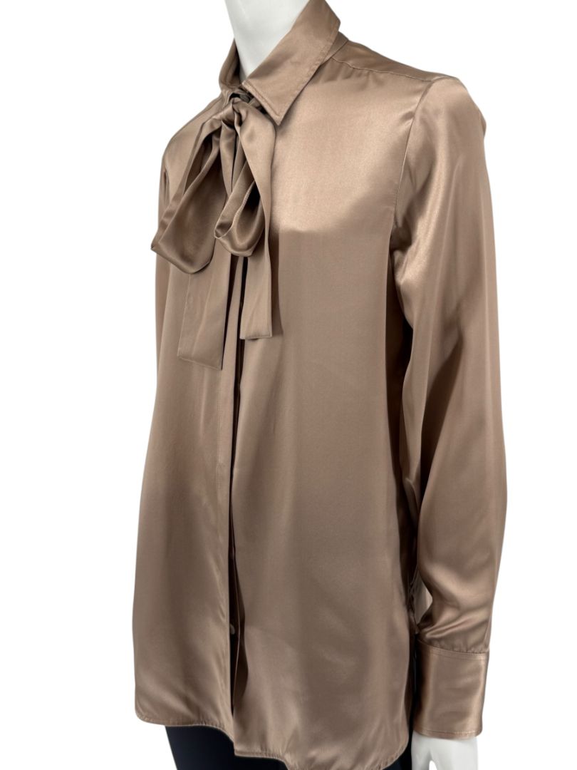 Kiton Bronze Silk Bow Blouse – Size 46 Brand New