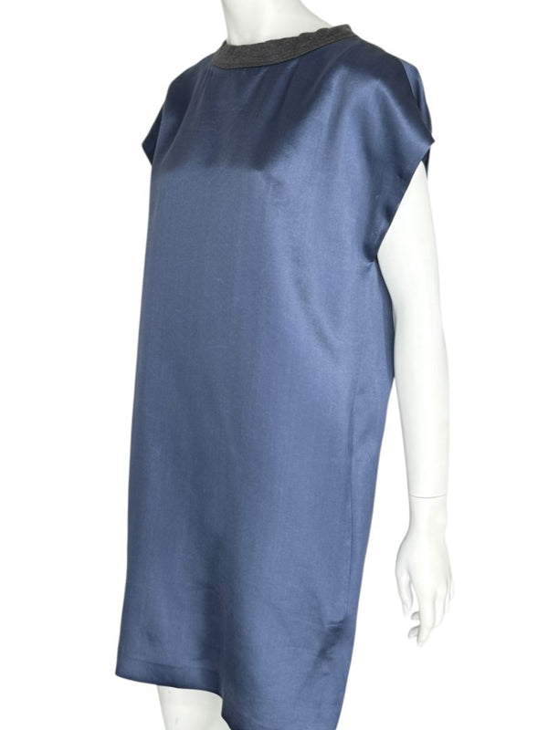 Brunello Cucinelli Navy Silk Shift Dress with Contrast Trim – Size XL- NEW