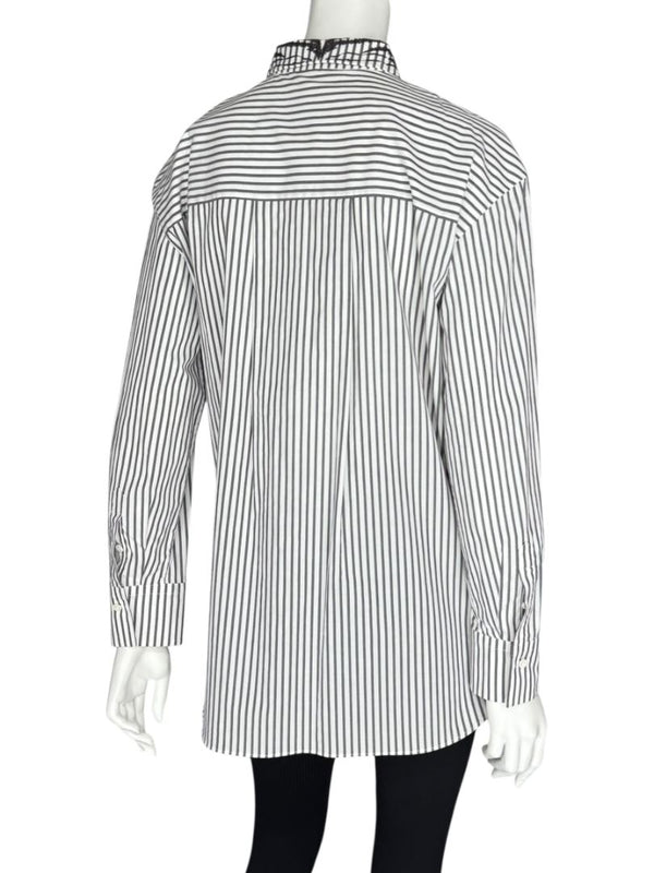 Brunello Cucinelli Gray & White Vertical Stripe Embroidered Collar Shirt – Size XL