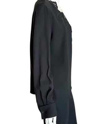 Oscar de la Renta Resort 2019 Black Silk Embroidered Illusion Neck Blouse – Size 8 - NWT