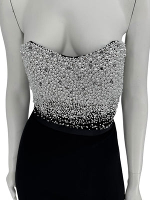 Pamella Roland Black Strapless Gown Silver Pearl Crystal Beaded Bodice Size 8 Evening Dress