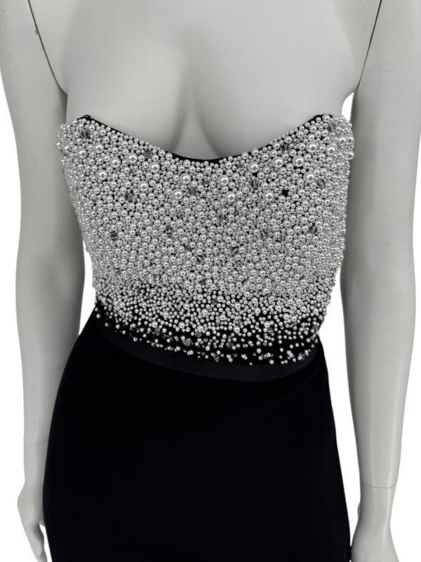 Pamella Roland Black Strapless Gown Silver Pearl Crystal Beaded Bodice Size 8 Evening Dress
