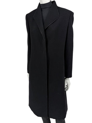 Pamella Roland Black Longline Coat Piped Trim Open Front Designer Outerwear Fits L