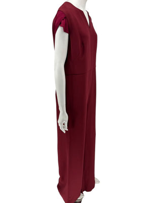 Pamella Roland Burgundy Cap-Sleeve Jumpsuit with Sheer Sash – Large