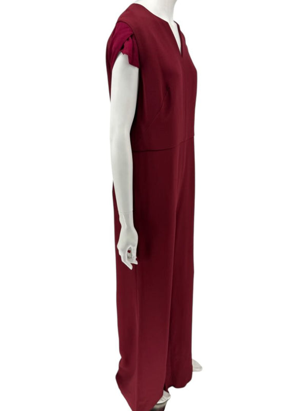 Pamella Roland Burgundy Cap-Sleeve Jumpsuit with Sheer Sash – Large