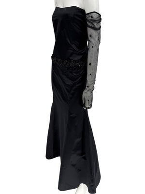 Pamella Roland Black Strapless Evening Dress Embellished Waist Sheer Sleeve Formal Gown - Size 6