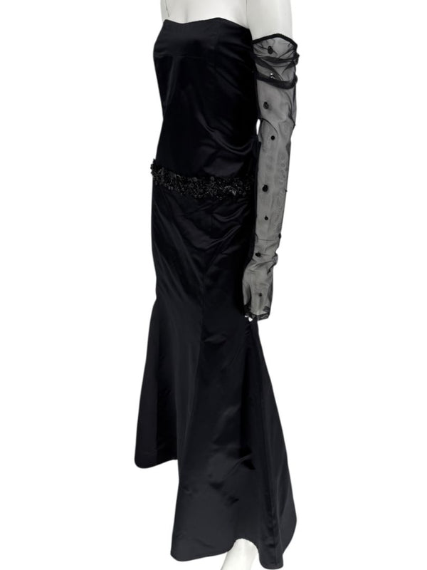Pamella Roland Black Strapless Evening Dress Embellished Waist Sheer Sleeve Formal Gown - Size 6