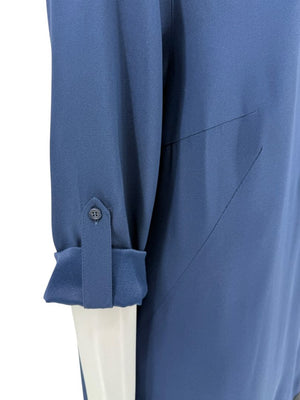Akris Punto Navy Blue Viscose Acetate Tunic Dress Black Hem Roll Tab Sleeve - US 10
