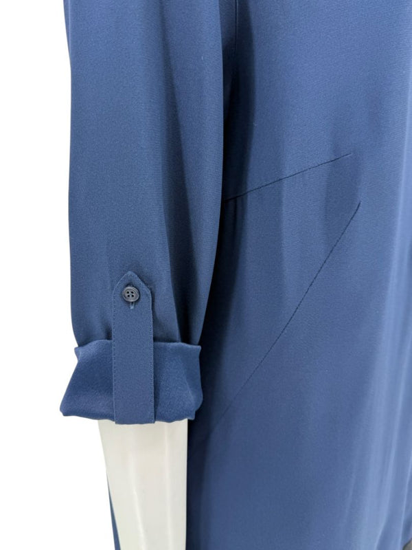 Akris Punto Navy Blue Viscose Acetate Tunic Dress Black Hem Roll Tab Sleeve - US 10