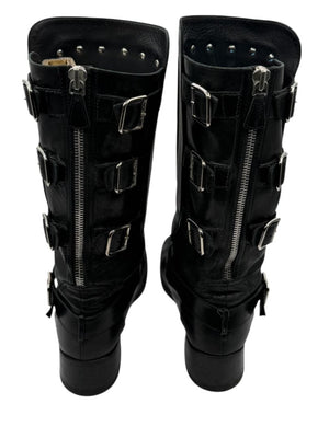 Chanel Black Leather Moto Boots with Silver Armor Plate – Size 40.5