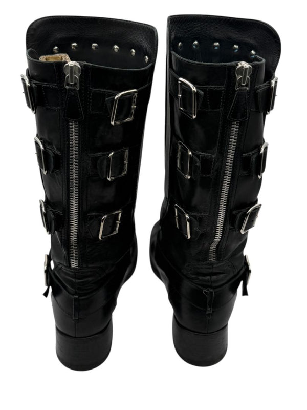 Chanel Black Leather Moto Boots with Silver Armor Plate – Size 40.5