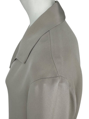 Peter Cohen Taupe-Grey Silk Button-Front Blouse with Soft Notched Collar – Size L