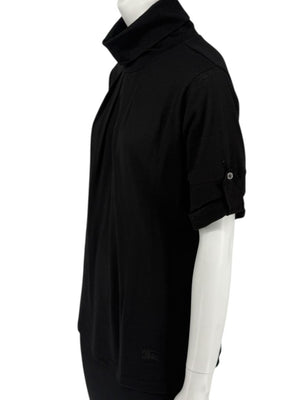 Burberry London Black Wool Short-Sleeve Pleated Funnel-Neck Top – Size L