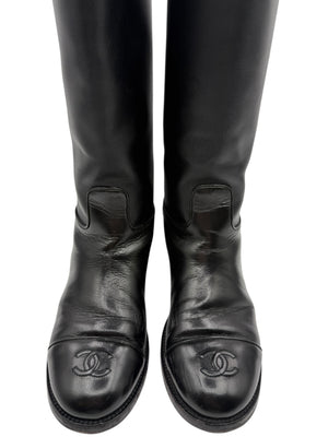 Chanel CC Captoe Black Leather Riding Boots – Size 36.5