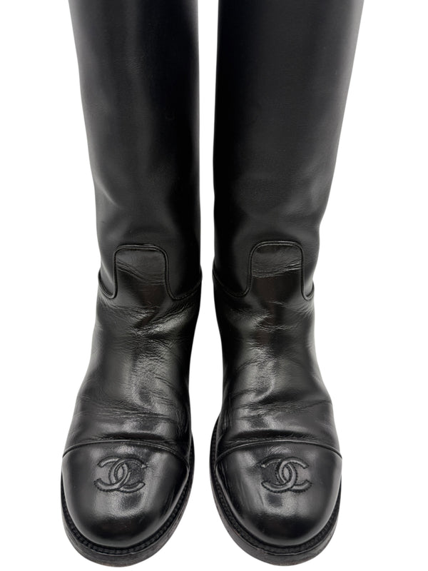 Chanel CC Captoe Black Leather Riding Boots – Size 36.5