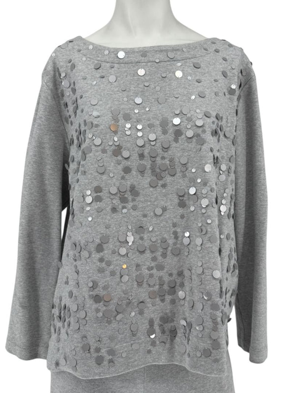 Joan Vass Gray Sequin-Embellished Knit Top & Pant Set – Size XL