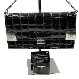 Chanel Black Patent Leather Chocolate Bar Clutch On Chain
