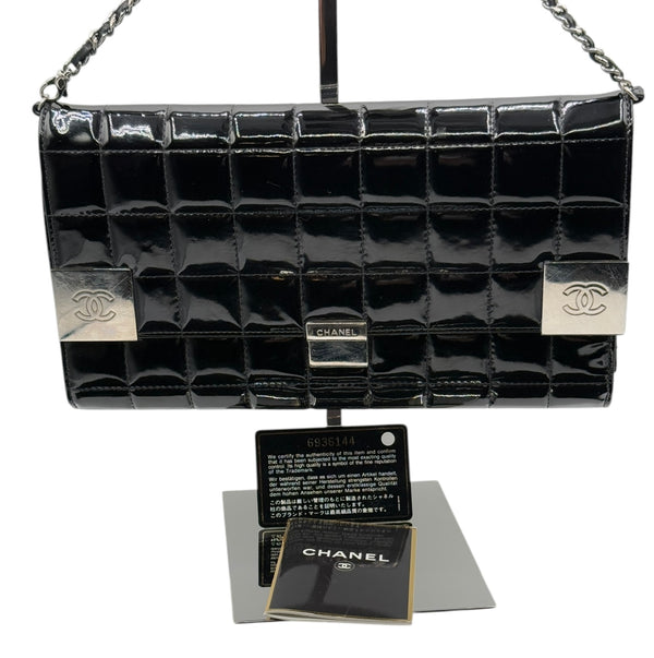 Chanel Black Patent Leather Chocolate Bar Clutch On Chain