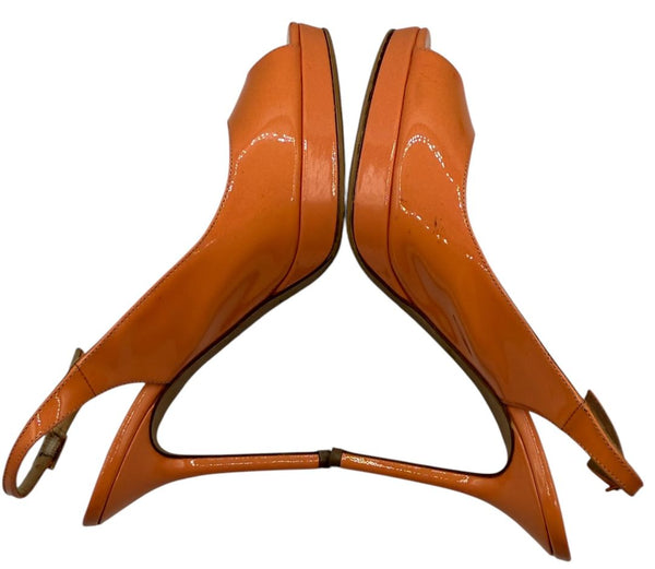 Jimmy Choo Patent Leather Slingback Platform Heels in Peach Coral – Size 37 – Good Preowned Condition