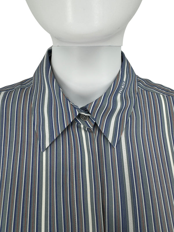 Loewe Blue/Grey/White  Silk Stripe Asymmetrical Shirt -  38