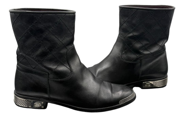 Chanel Quilted Leather Ankle Boots with Silver-Tone Hardware – Size 41