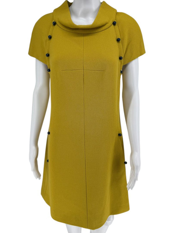 Pamella Roland Mustard Textured Crepe Mini Dress with Pearl Detail