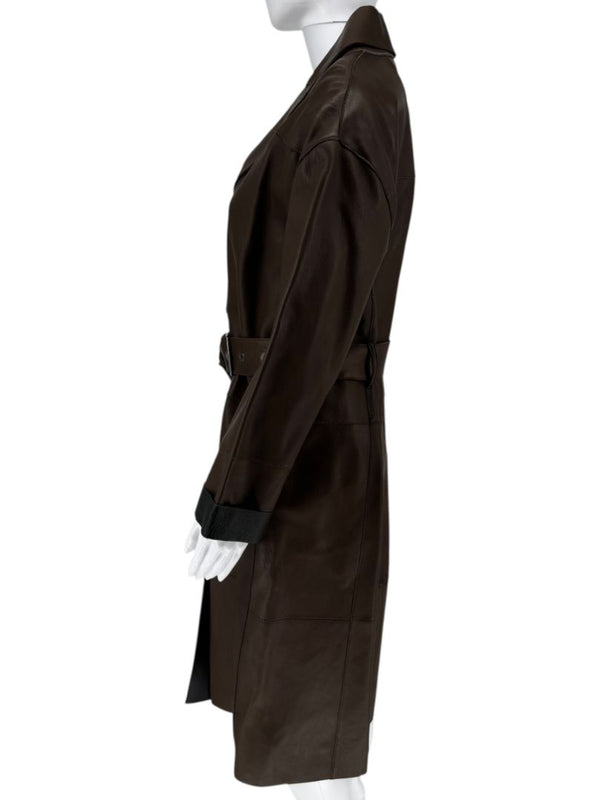 Brunello Cucinelli Chocolate Leather Belted Coat - Size 4