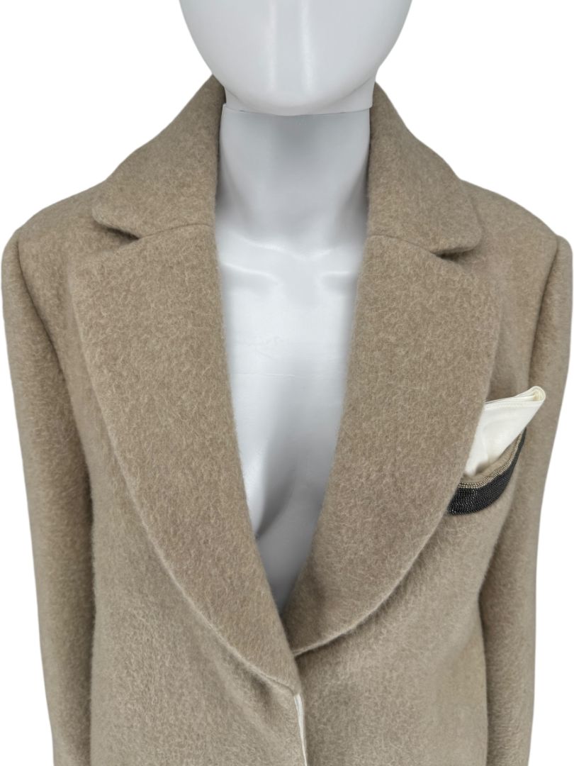 Brunello Cucinelli Ivory Wool-Cashmere Coat with Monili Detail - Size 8