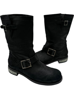Jimmy Choo Black Suede Buckle Boots with Crystal Heels – Size 39.5
