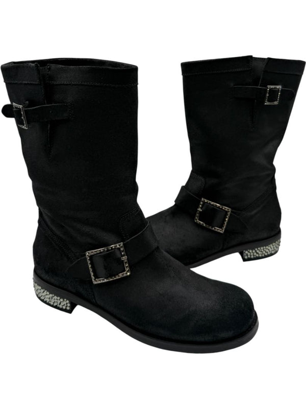 Jimmy Choo Black Suede Buckle Boots with Crystal Heels – Size 39.5