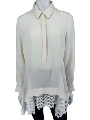 Lela Rose Ivory Silk Tunic Blouse with Embroidered Hem – Size 8
