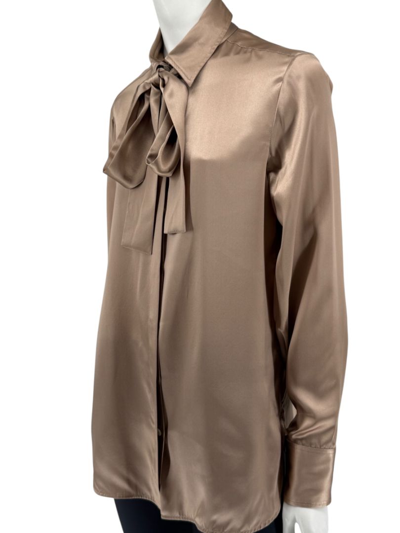 Kiton Bronze Silk Bow Blouse – Size 46 Brand New