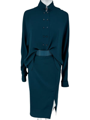 Akris Teal Double-Breasted Blouse & Skirt Set – Size 6 Top / Size 10 Skirt