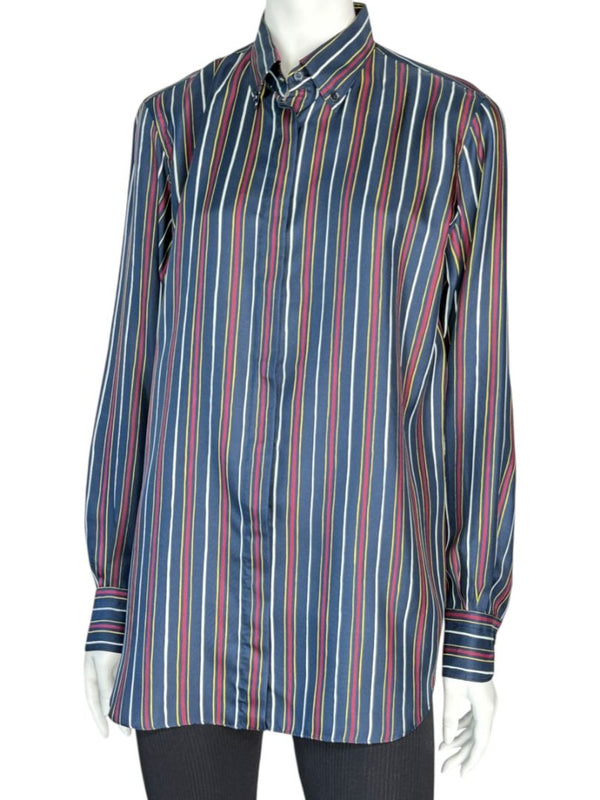 Loro Piana Navy Multicolor Stripe Silk Button-Up Shirt – Size IT 46