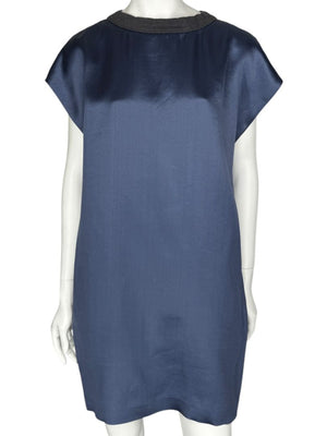 Brunello Cucinelli Navy Silk Shift Dress with Contrast Trim – Size XL- NEW