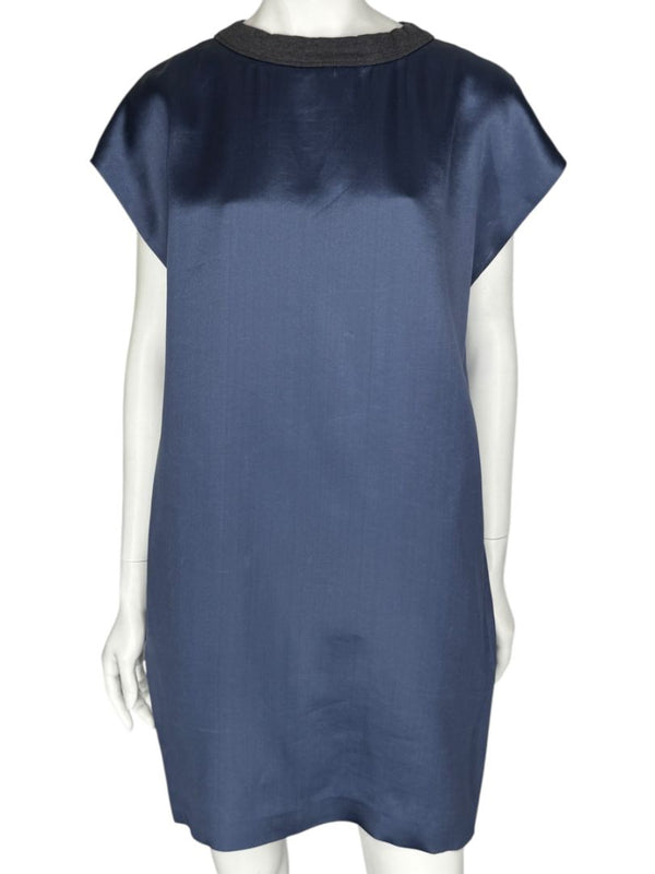 Brunello Cucinelli Navy Silk Shift Dress with Contrast Trim – Size XL- NEW