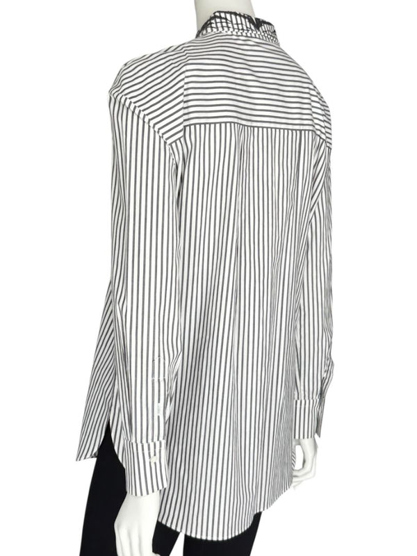 Brunello Cucinelli Gray & White Vertical Stripe Embroidered Collar Shirt – Size XL