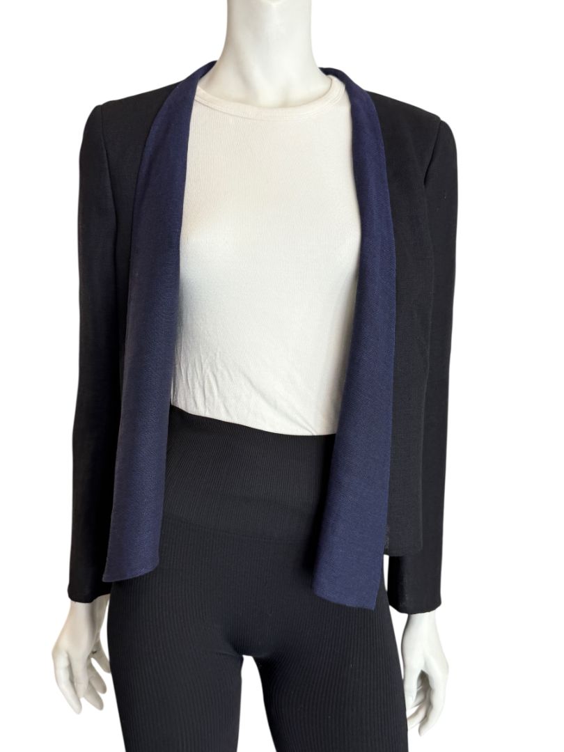 Akris Bergdorf Goodman Linen-Blend Cropped Open Jacket – Black & Navy – Size US 10