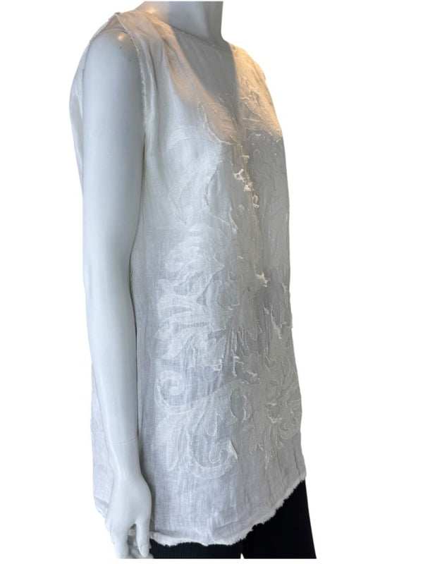 Fendi White Linen Sleeveless Tunic with Textured Floral Appliqué – Size L