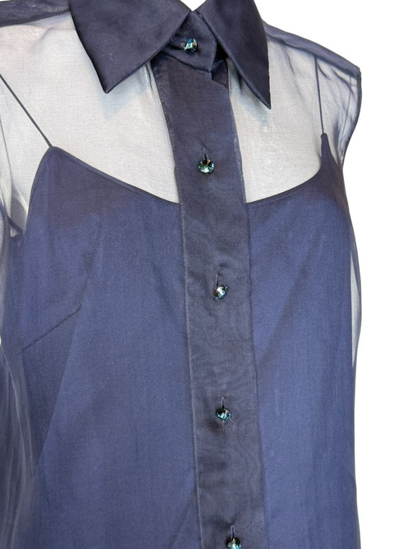 Pamella Roland Navy Organza Sleeveless Blouse with Jewel Buttons - Large