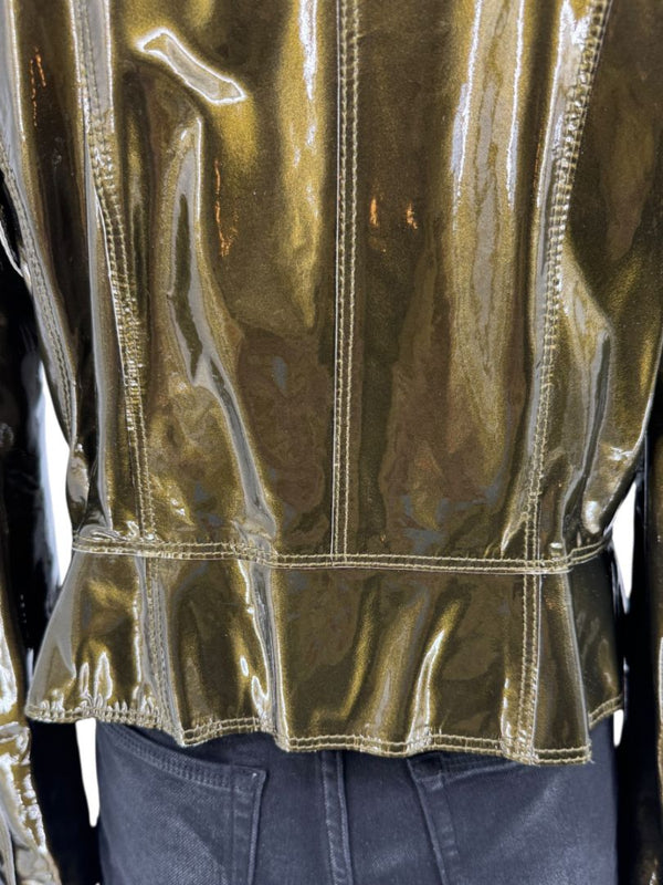 Burberry London Metallic Olive Green Leather Jacket – Size UK 12 / US 10