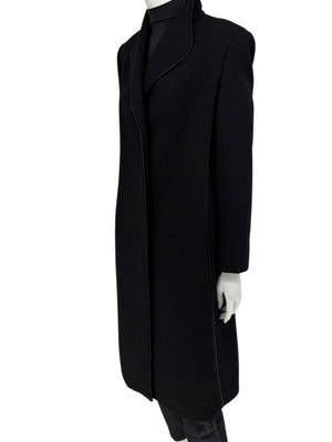 Pamella Roland Black Longline Coat Piped Trim Open Front Designer Outerwear Fits L