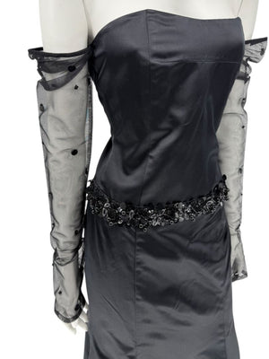 Pamella Roland Black Strapless Evening Dress Embellished Waist Sheer Sleeve Formal Gown - Size 6