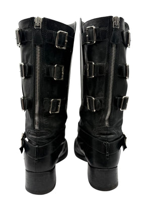 Chanel Black Leather Moto Boots with Silver Armor Plate – Size 40.5