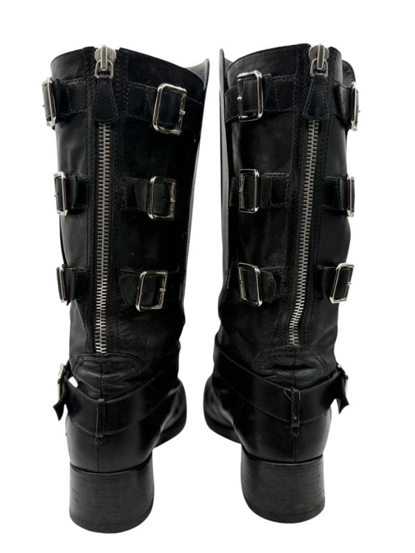 Chanel Black Leather Moto Boots with Silver Armor Plate – Size 40.5