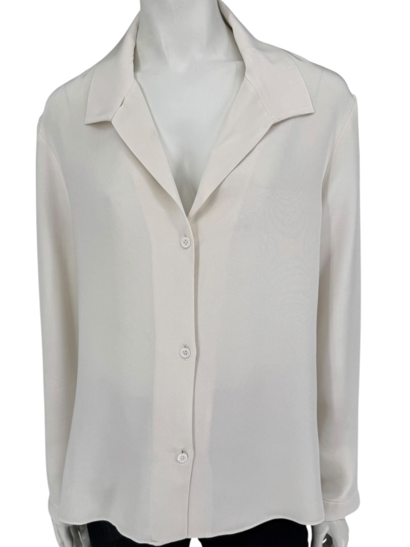 Peter Cohen Beige Silk Button-Front Blouse with Soft Notched Collar – Size L
